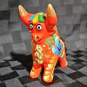 Hand-Painted Ceramic Peruvian Pucará Bull Torito with Golden Tongue